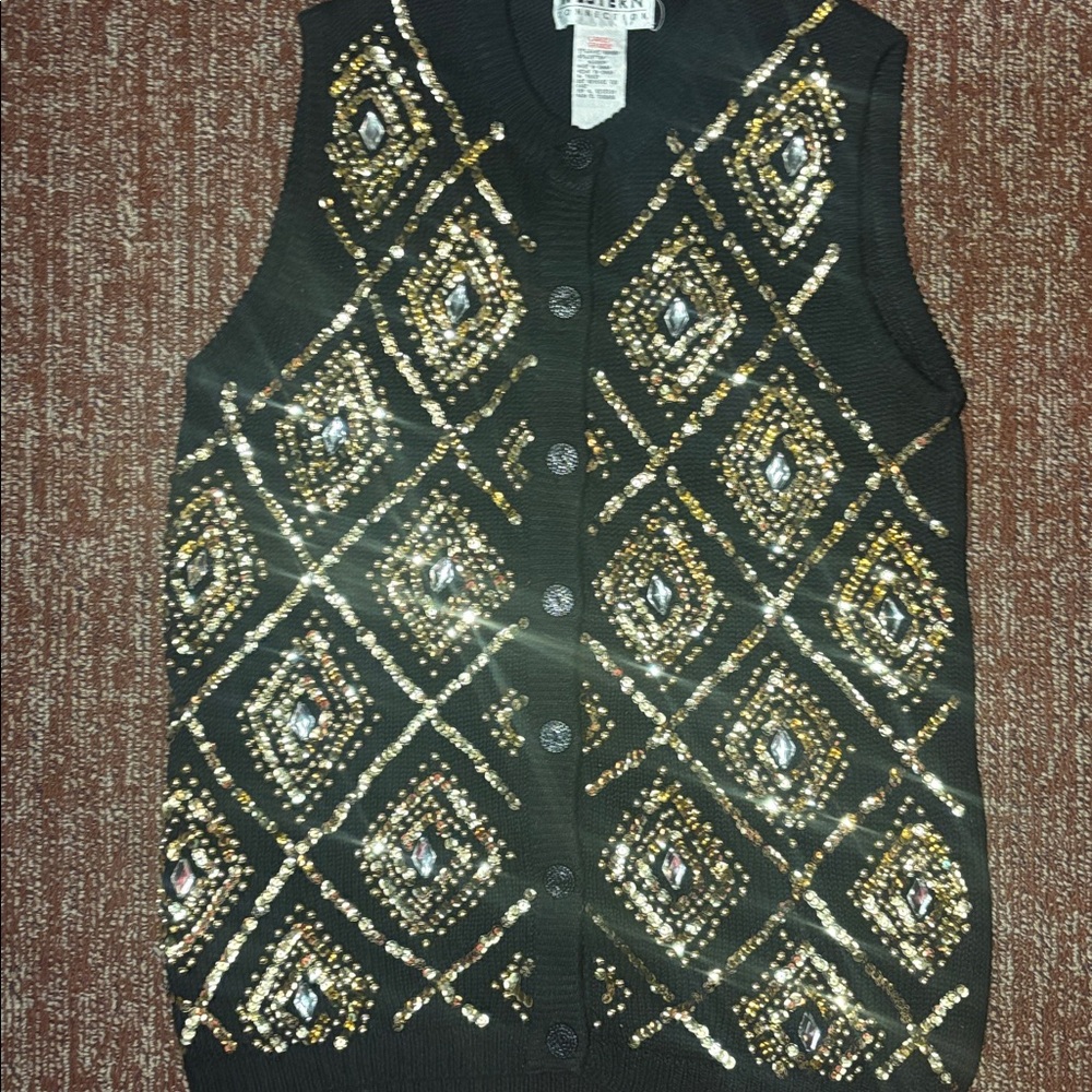 Embellished Black Sleeveless Button-Up Sweater Vest